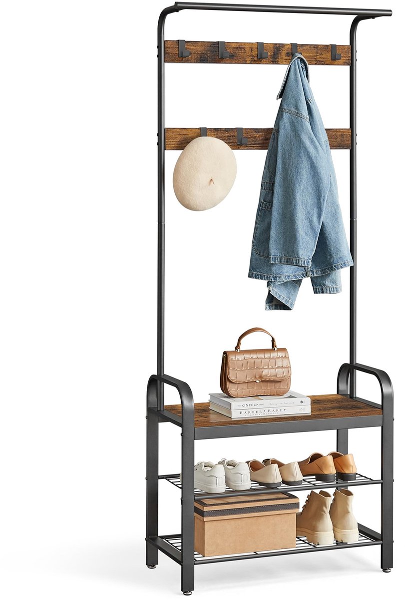 Famanu – Garderobe met 3 schoenenplanken en afneembare haken, hoogte 183 cm, metalen frame in rustiek bruin en zwart