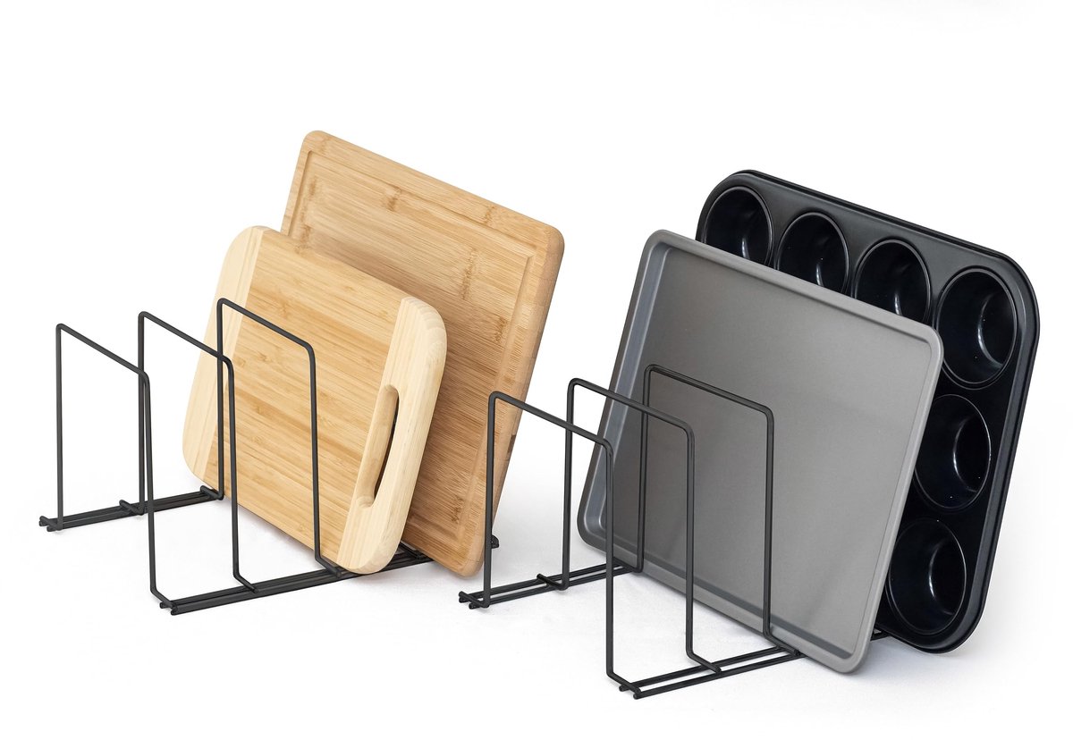 Famanu – Bakplaat- en snijplankenrek set van 2, pannenrek en organizer voor keukenkastjes, zwart kunststof gecoat staal