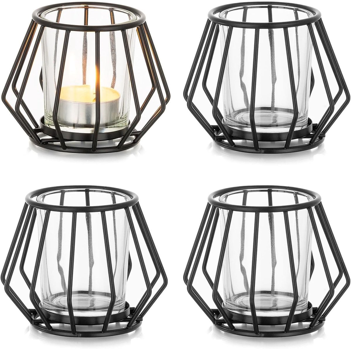 Windlicht van glas - Zwart - 4-delige set - Metalen frame met glazen houder - Voor woon- en slaapkamerdecoratie