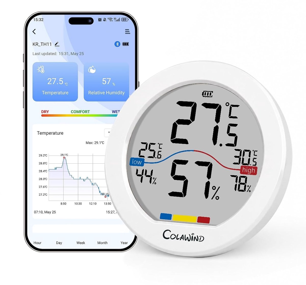 Wifi-thermometer - Wit - LCD-display - Bluetooth Hygrometer Thermometer met Dauwpunt en VPD - Voor Binnengebruik