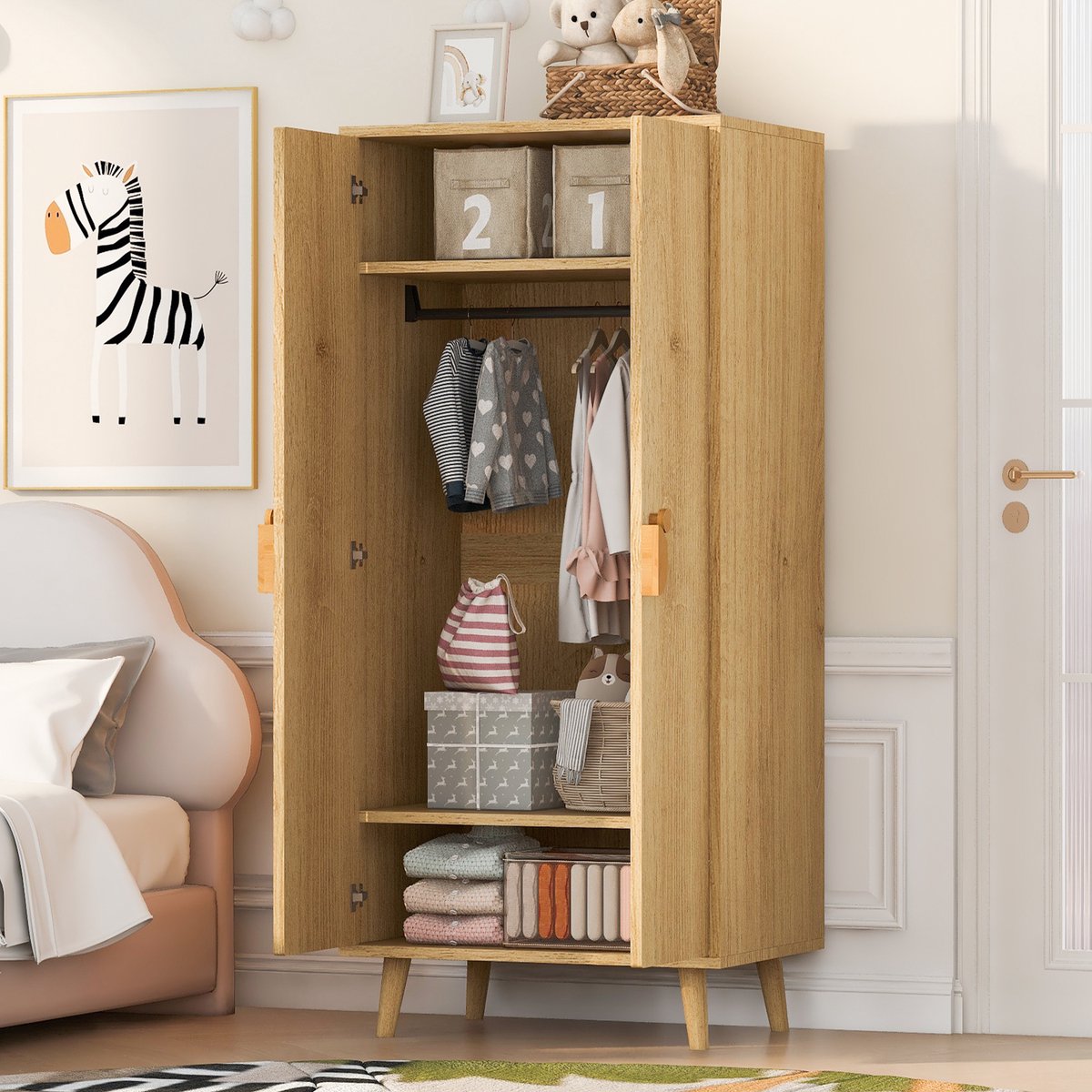 Kledingkast Met Dubbele Deuren, Hanggedeelte En Legplanken, Cartoon Handgrepen En Verhoogde Poten, MDF, Natuurlijk Hout, 70x55x170 Cm