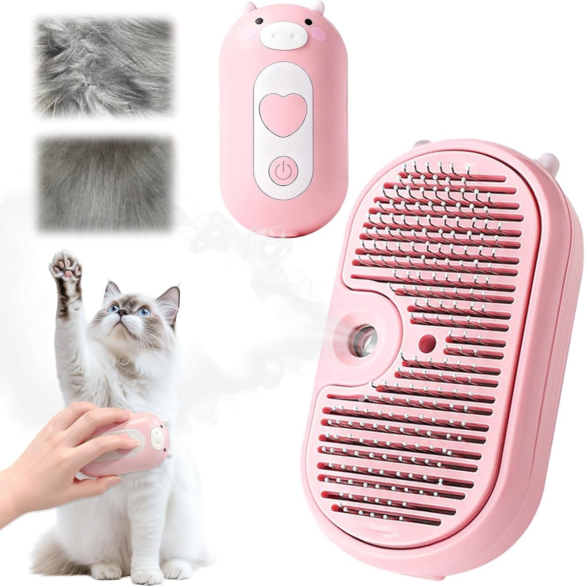 Zachte stoomborstel voor katten - Grijs - Compact formaat - Zelfreinigende haarborstel met ontspanningsknop - Voor katten en kleine honden