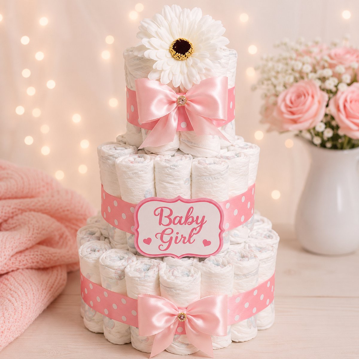 Luxe Luiertaart Baby Girl – Roze Strik & Bloem Design