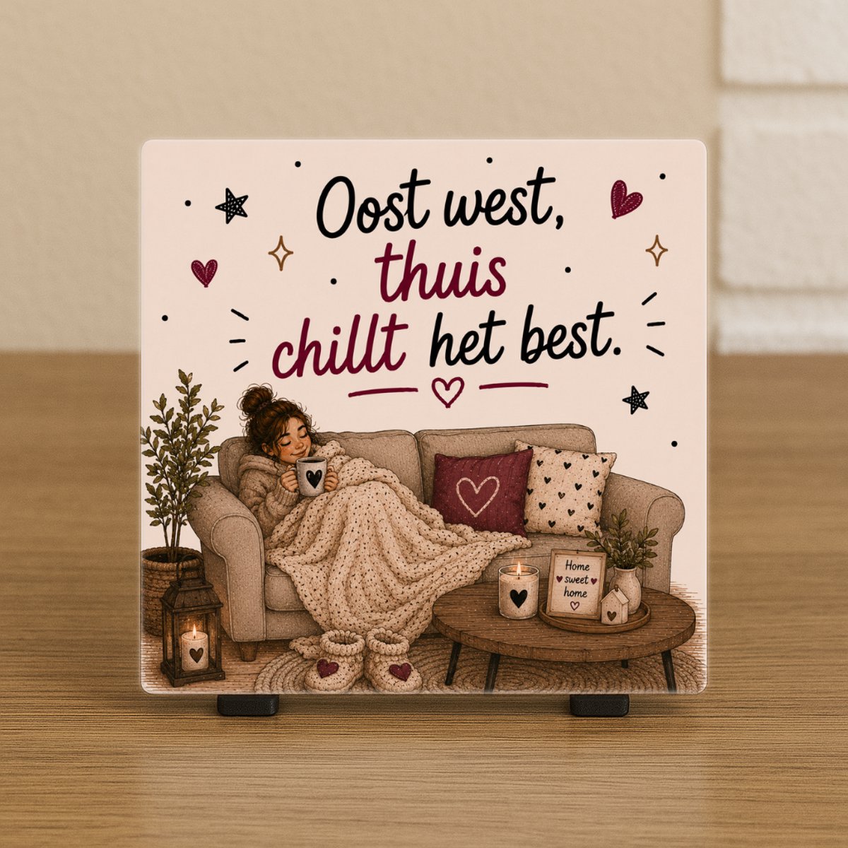 CreaCraft Spreuktegel “oost west, thuis chillt het best” – Cadeau tegeltje – Trendy nu – Woondecoratie – Vriend(in), familie, collega – Zomaar – Incl standaard – Cadeau idee – Wenstegeltje