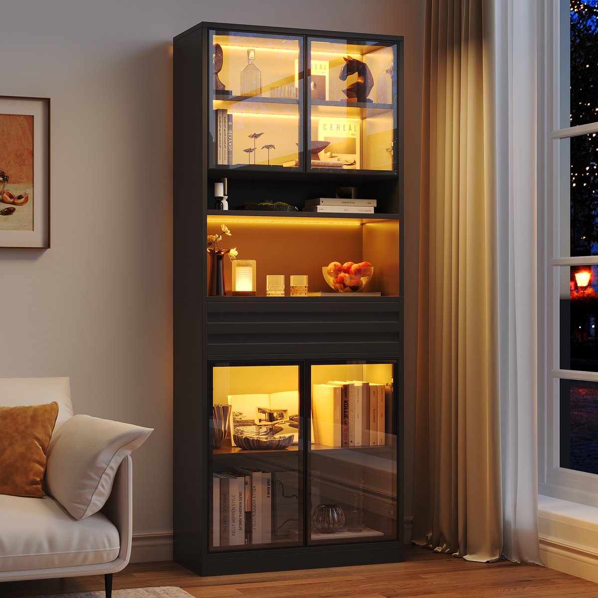 Stijlvolle Vitrinekast Met 4 Glazen Deuren En 1 Lade - App Gestuurde RGB Led Verlichting - Voor Woonkamer En Boekenkamer - MDF - Zwart - 80x35x200 Cm
