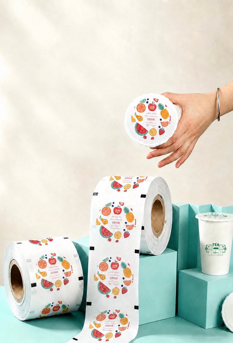 ATXANC Bekersealpapier op Rol – 1 Rol voor 1600 Bekers – Voor Ø90/95 mm Papieren en Kunststof Bekers – Voor Automatische Sealmachines – Lekwerend – Fruitdessin