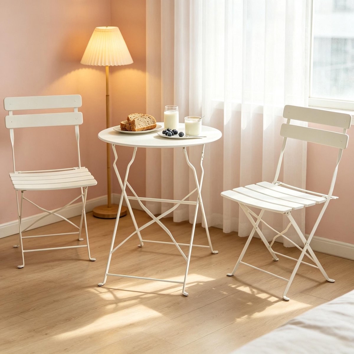 MIVRAY Bistroset Voor Terras 3 Delig - Klapbaar Met 1 Tafel En 2 Stoelen - Voor Balkon En Tuin - Metaal - Cream