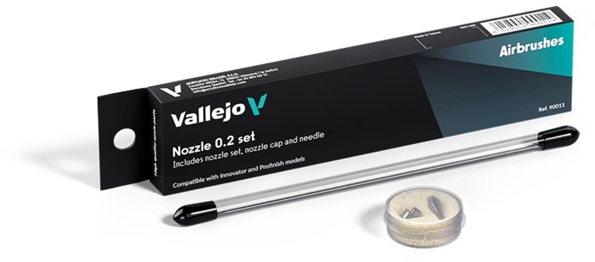 Vallejo Hobbypenseel - 90011 Complete Nozzle Set 0,2 mm voor Innovator - Profinish Airbrush - Naald, Nozzle en Nozzle Cap Accessoires set