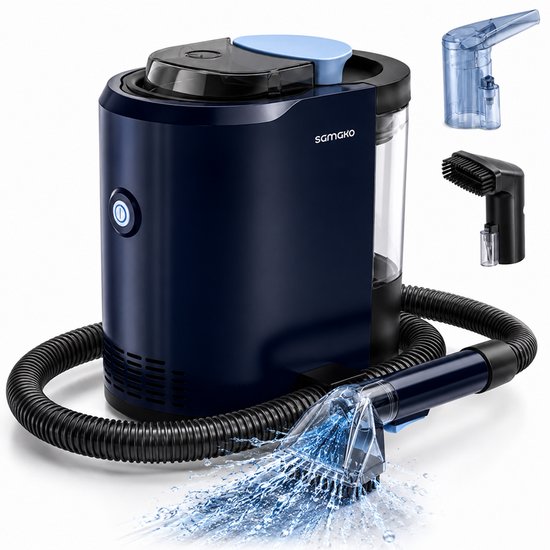 Nettoyeur de tapis bleu foncé compact avec tuyau, buse à brosse et deux accessoires.