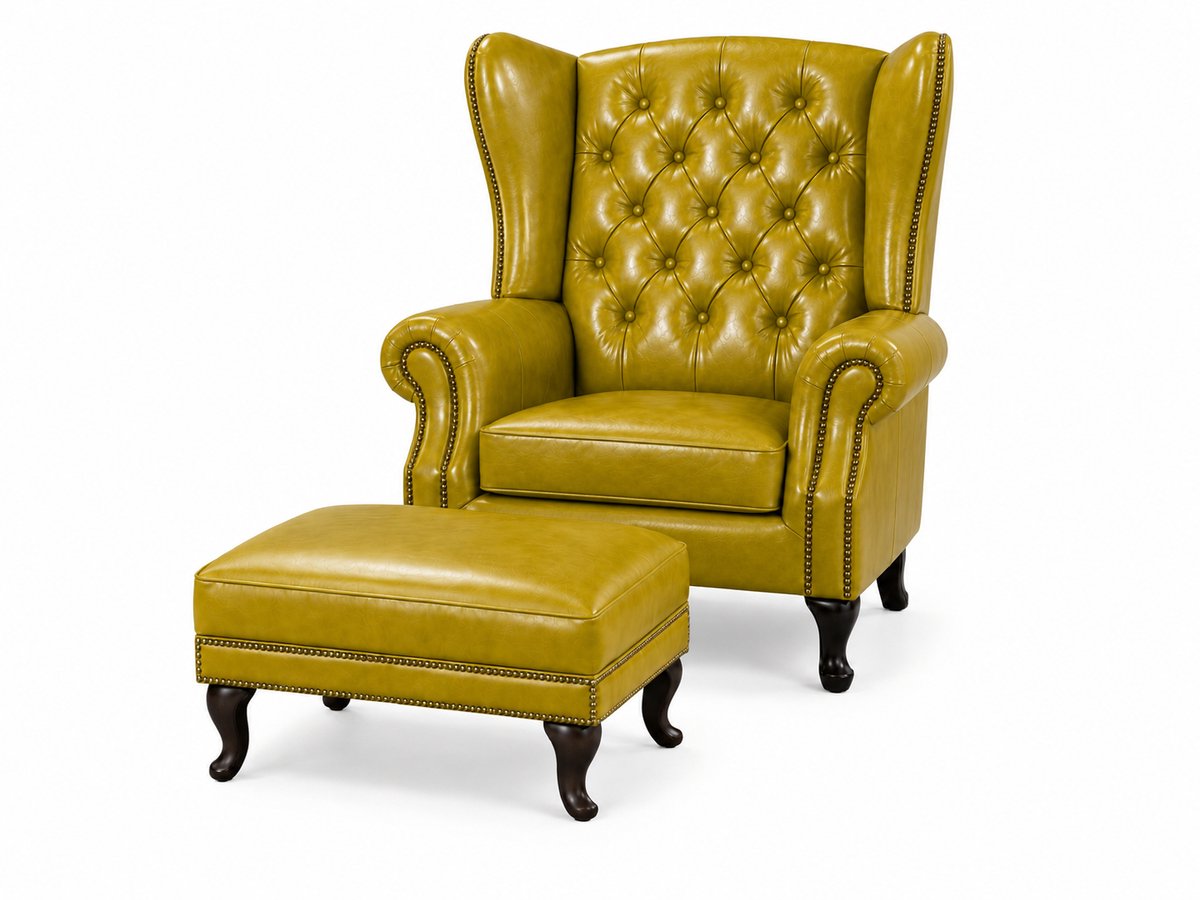 Chesterfield Fauteuil + Hocker - Vintage Geel - Leer - Stoel Chesterfield - Arm Chair - Lounge Chair - Clubfauteuil - Relaxfauteuil - Loungestoel - Zetel