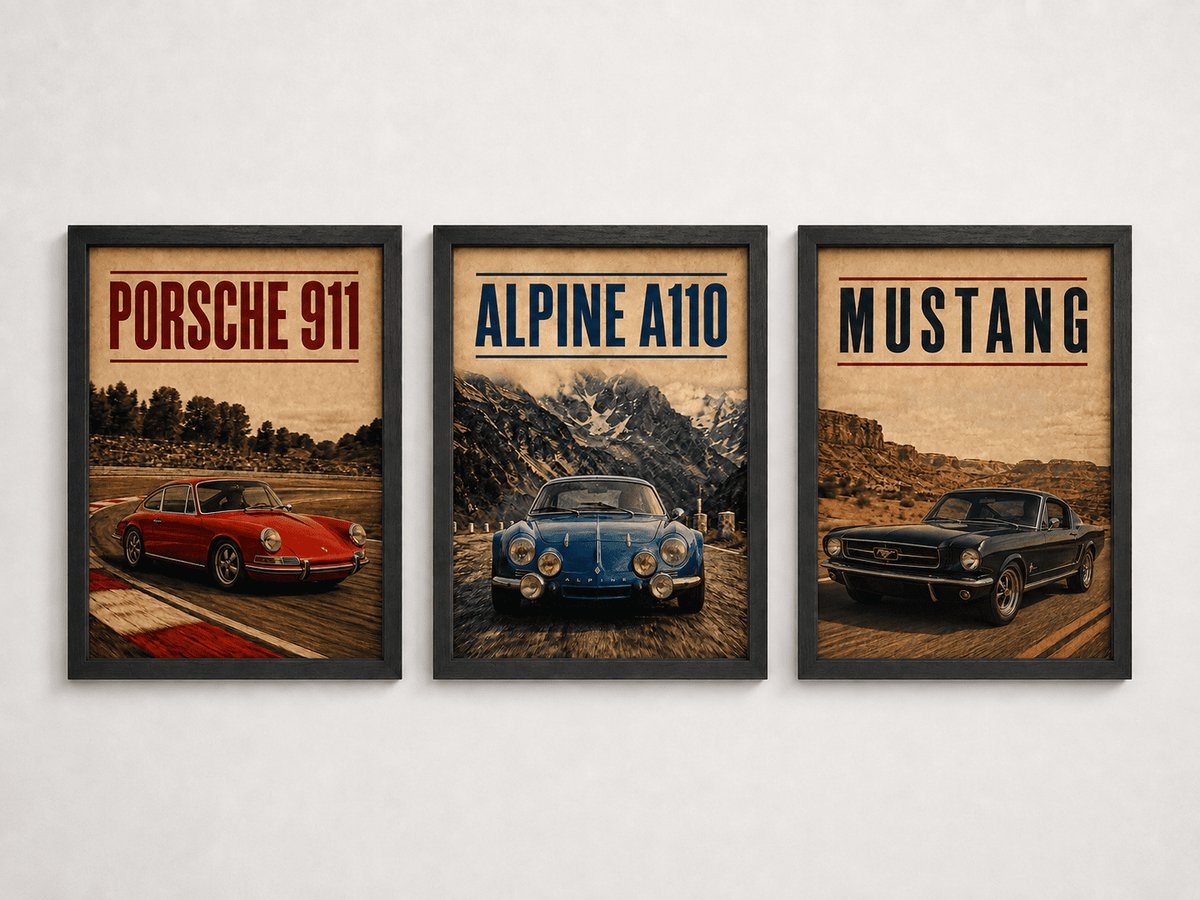 Klassieke Auto Poster Drieluik | Porsche 911, Alpine A110 & Mustang | Inclusief 3 Zwarte Lijsten