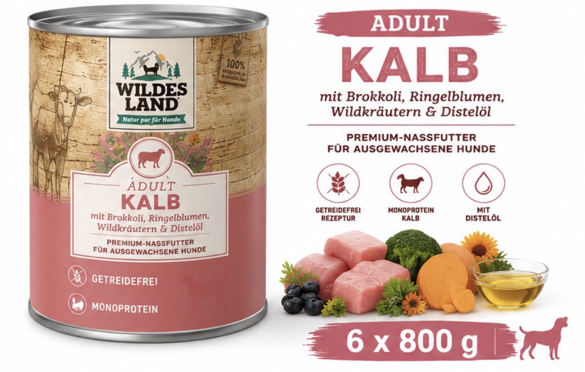 Wildes Land Wildes Land Dog Can Classic Kalf met Broccoli & Wortelen - 6 x 800 g