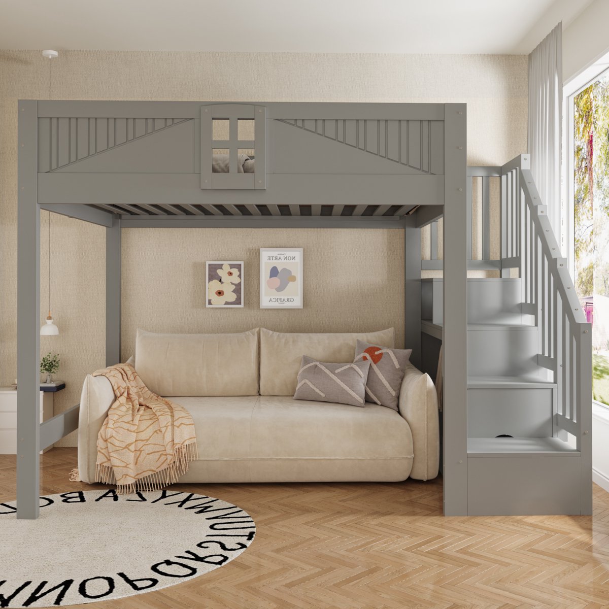 Kinderbed, Hoogslaper Van Massief Hout, 140 X 200 cm, Met Unieke Veiligheidsleuning, Raam, Opbergladder Die Aan Beide Zijden Verwisselbaar Is, Multifunctioneel Bed-Grij-c