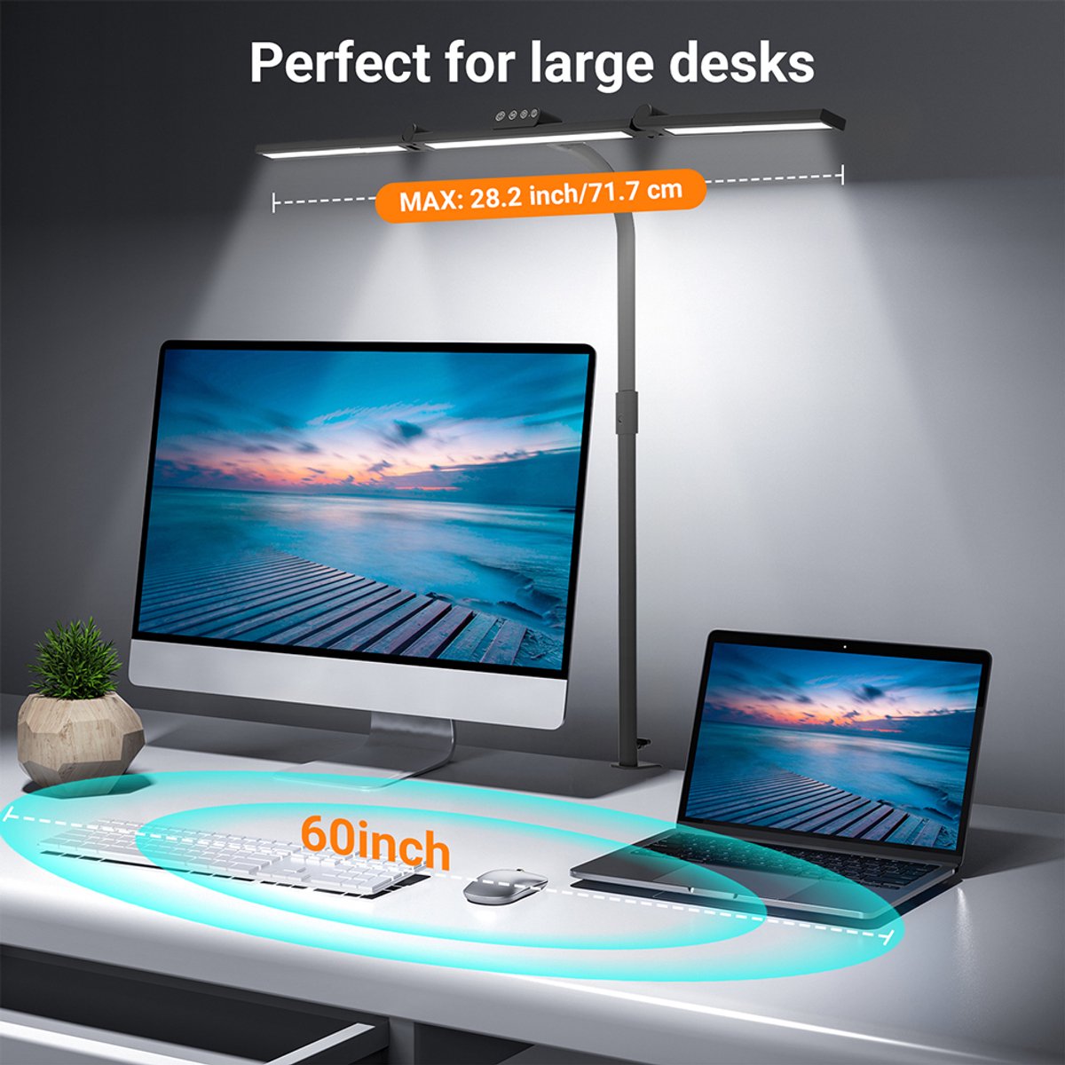 MUPOO Bureaulamp LED Dimbaar met Klem - Werklamp met 3 Verstelbare Lichtstrips & 360° Flexibele Zwanenhals -Hobbylamp met Touchbediening - 5 Lichtkleuren & 5 Helderheidsstanden - Monitor Lamp voor Kantoor, Tekentafel, Groot Bureau en Thuiswerk thumbnail 3