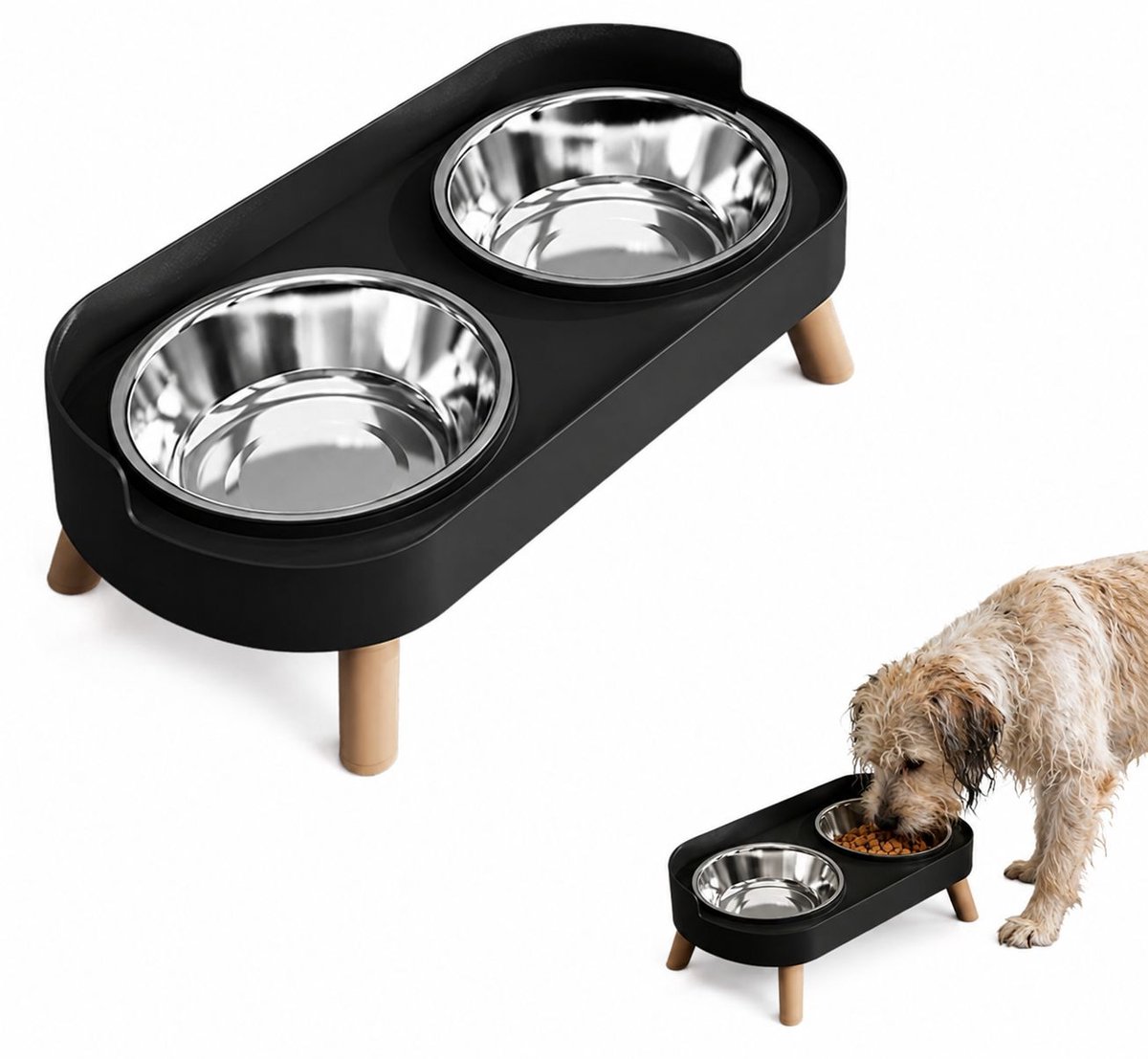 Bobypet - Voerbak - geïntegreerde dubbele voer- en waterbak met RVS kommen - antislip voor katten en honden - zwart