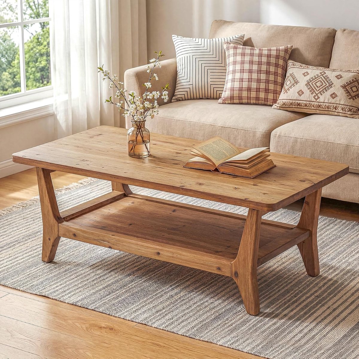 LITTLE TREE Massief Houten Salontafel - 120 x 60 x 45 cm - 2‑Laags met opbergplank - Gladde hoeken‑eenvoudig te monteren - Woonkamertafel - Warm cederbruin