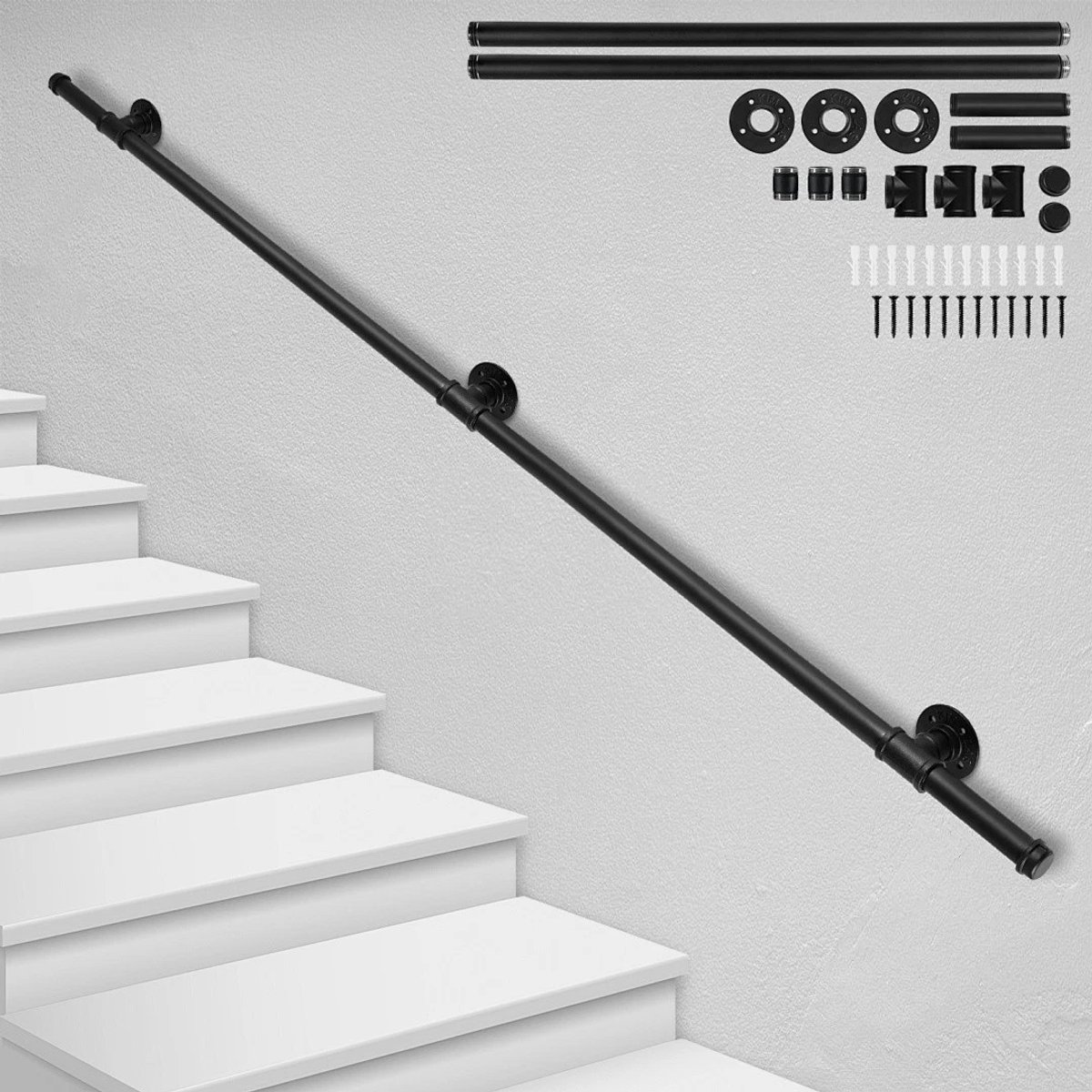 Trapleuning 200 cm - Zwarte Handrail - Gegalvaniseerd Staal - Horizontaal en Schuin Monteerbaar - Corrosie- en Roestbestendig - Inclusief Montagemateriaal - Voor Trap, Balkon, Terras, Tuin en Binnen/Buiten