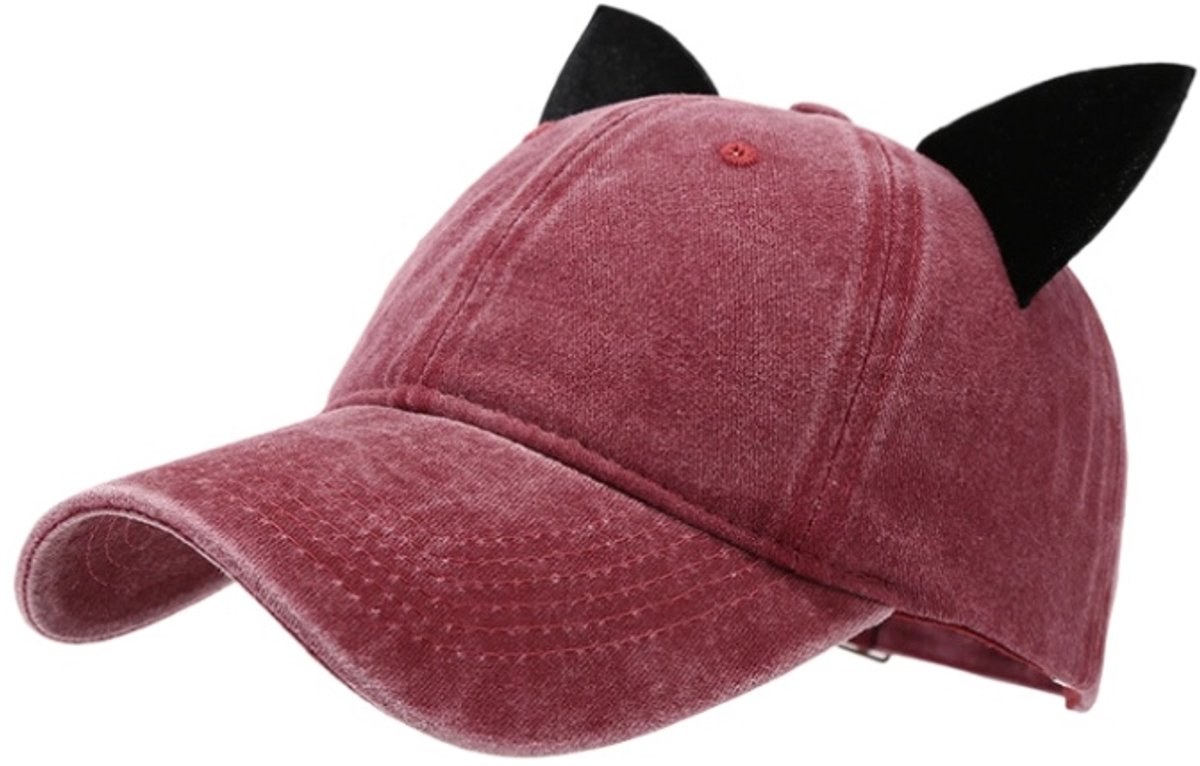 Unisex Baseballpet – Trucker Cap met kattenoren – Vintage stijl pet met paardenstaartopening – Bordeaux