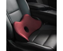 Auto Rug kussen - Lendekussen - Traagschuim - Lendenkussen voor auto - 47 x 18 x 21 cm - Met sluiting - rugleuning pijnverlichting op road trips - Ergonomische Rugsteun Auto - voor autostoelen en bureaustoelen - comfortabele rugsteunpunt - Rood