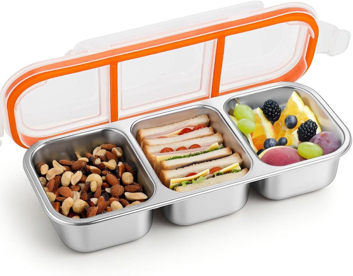 RVS Lunchbox met 3 Vakken - Lekkagevrije Snackcontainer - Herbruikbare Voedselbewaarbox voor School Werk of Picknick - Roestvrijstalen Maaltijdbox met Deksel