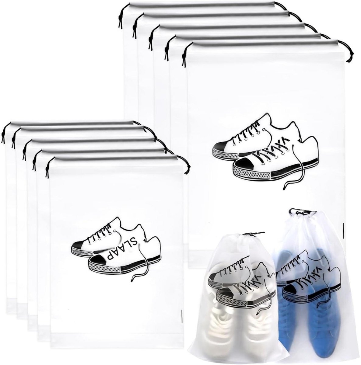 longziming -Schoenenzakken 10 Stuks - Transparante Schoenentas met Trekkoord - Waterdichte PE Opbergzakken voor Schoenen - 5x 43 x 29 cm en 5x 36 x 25 cm - Reistas