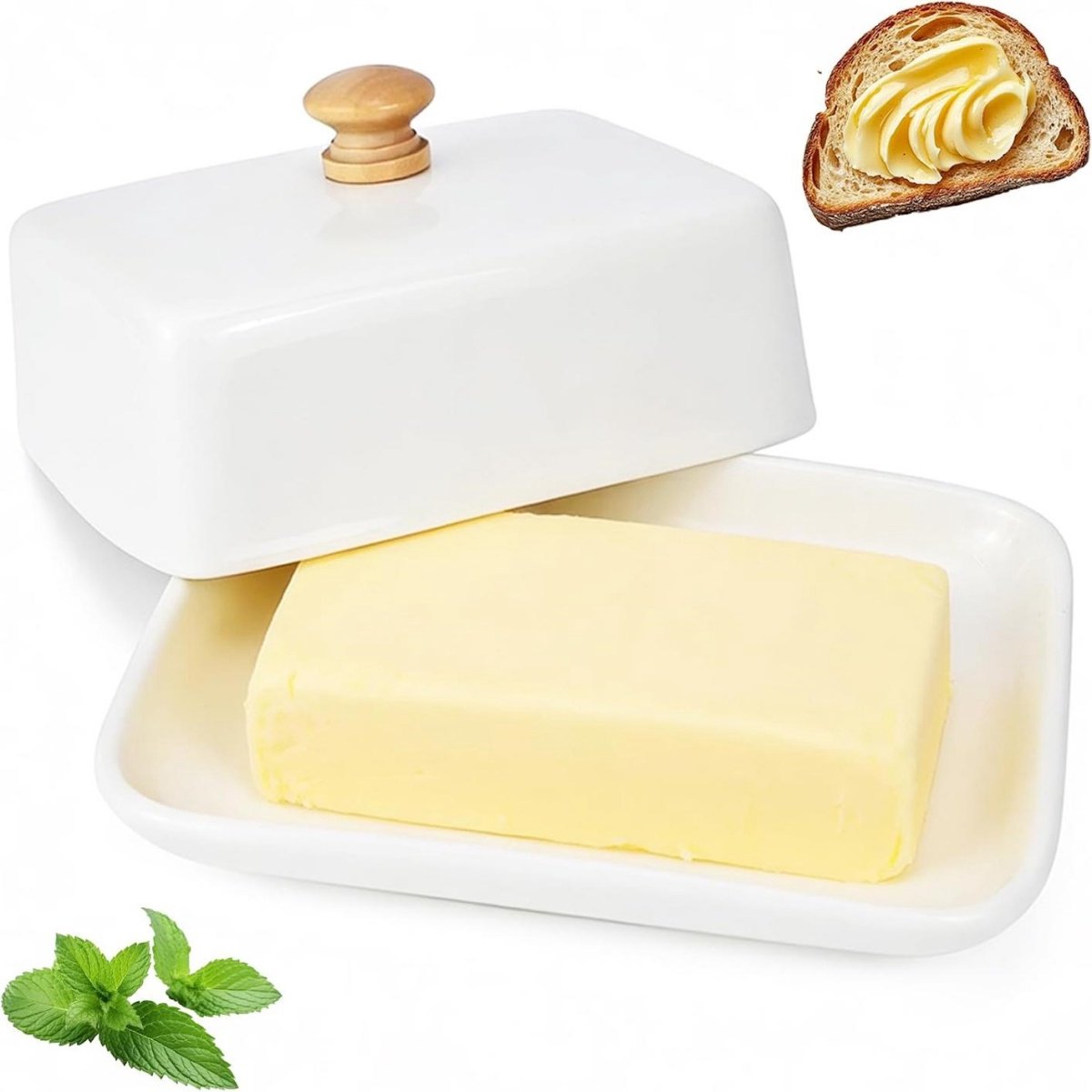 longziming -Keramische Botervloot met Deksel 14,9 x 12,9 x 7,5 cm - Botervloot voor 250 g Boter - Voor Koelkast en Tafel - Vaatwasserbestendig - Wit
