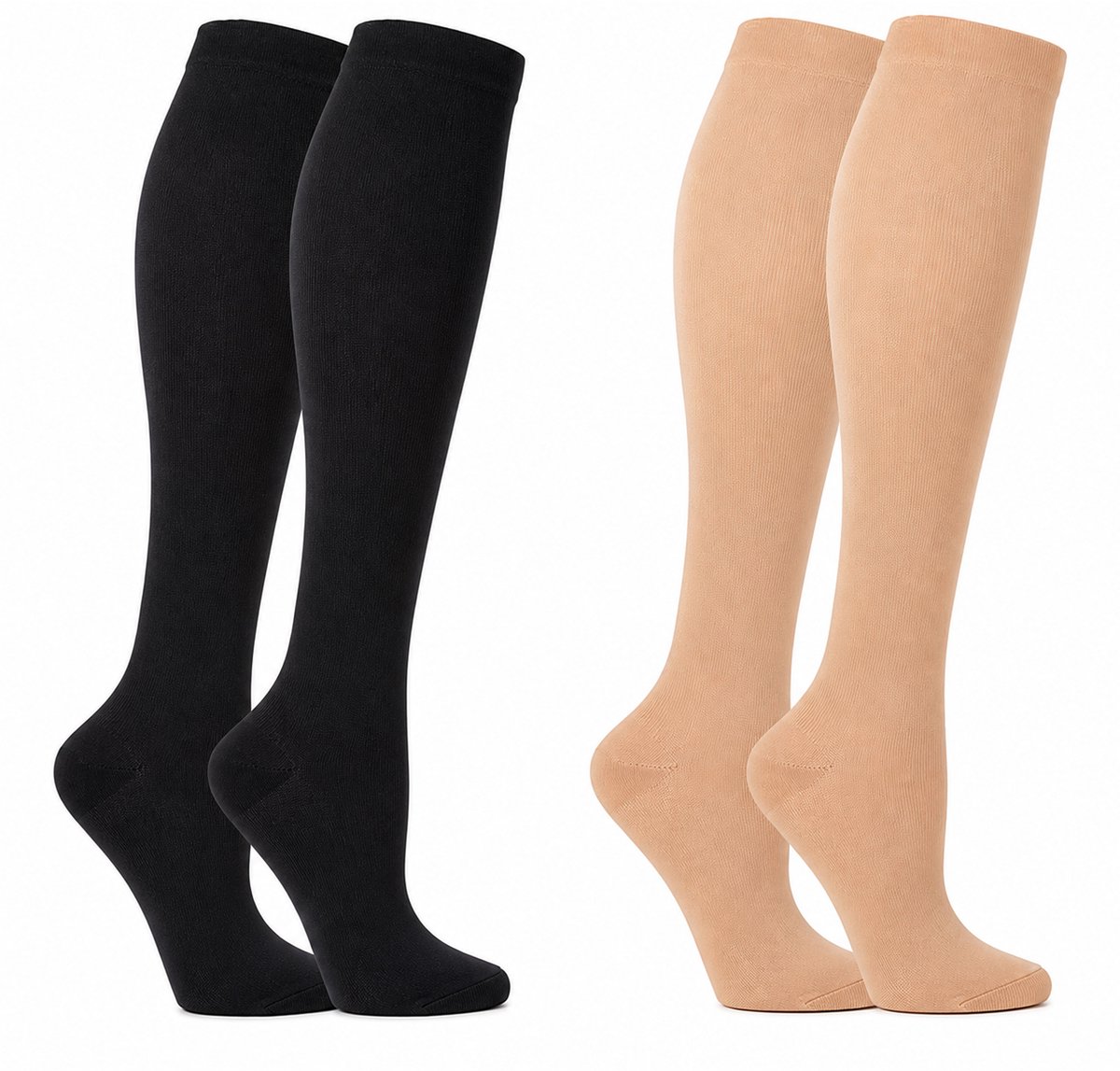 Kaiyaya - 2 paar compressiekousen - zacht en ademend - zwart en huidkleur - lange kous - elastisch en universele maat - voor sport, reizen en dagelijks gebruik