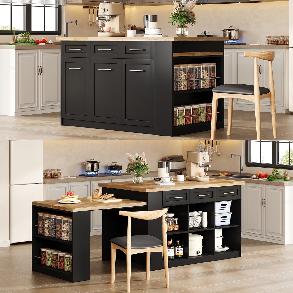 Wishdor - Keukeneiland - uitschuifbare eettafel - 6 lades en opbergruimte - modern Europees - familiekeuken - houtlook en zwart - 150 x 90 x 90 cm