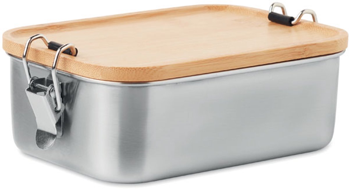 RVS lunchbox met klemsluiting en bamboe deksel. Inhoud 750 ml
