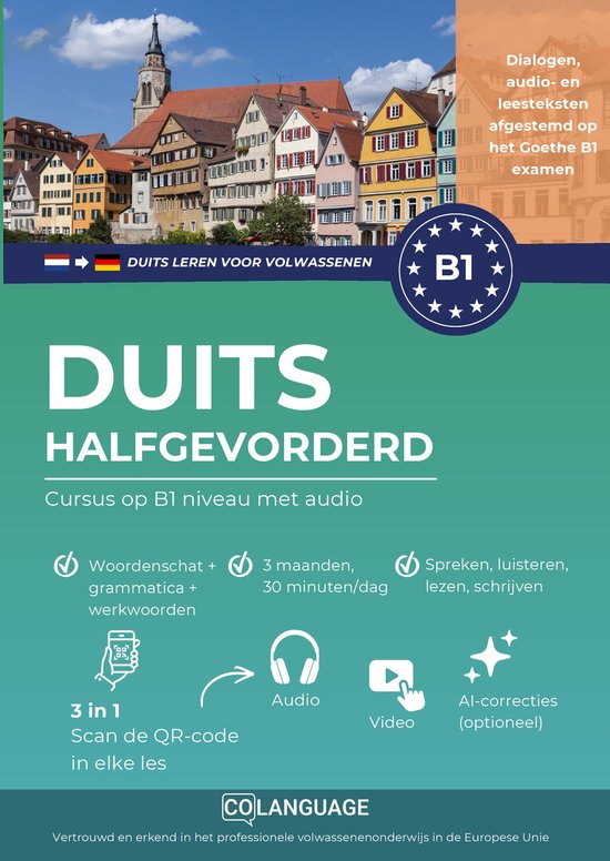 Cursus Duits halfgevorderd B1 met audio, dialogen, teksten voor Goethe B1 examen, woordenschat, grammatica, werkwoorden, 3 maanden/30 min pd.