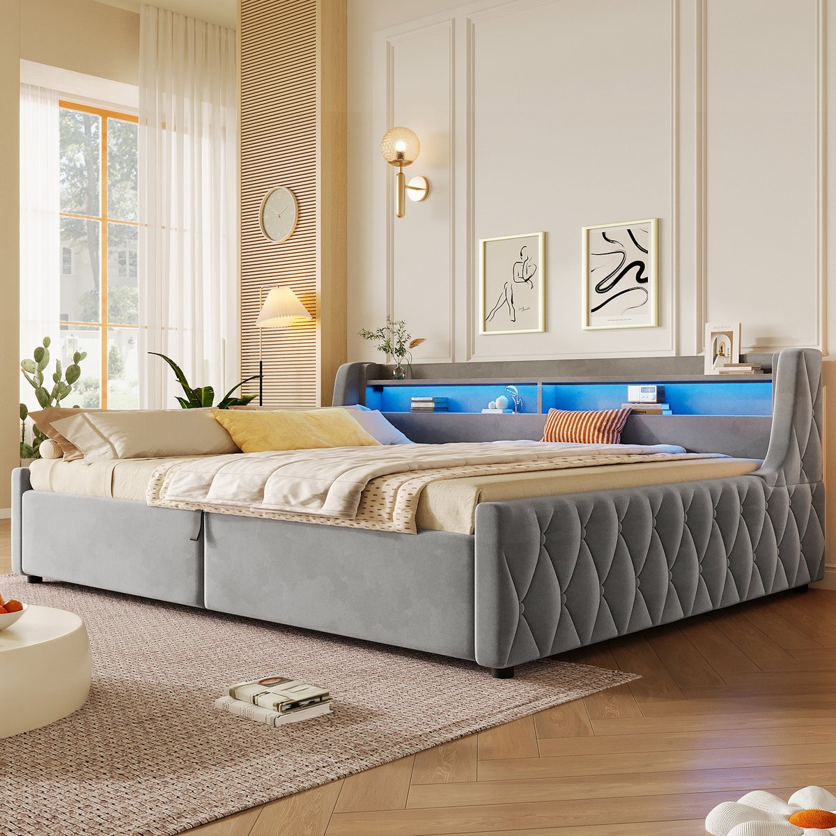 Gestoffeerd Bed 140x200 Cm Zonder Matras – Led Hoofdbord – Hydraulische Opbergruimte – Voor Slaapkamer – Flanel En Mdf – Grijs