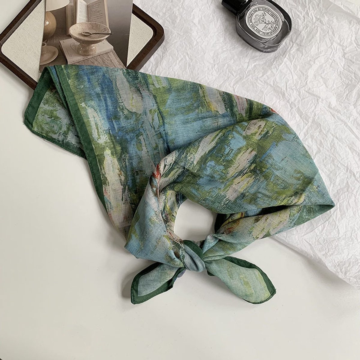 Dubbelzijdige patroon sjaal - kleine vierkante sjaal - het hele jaar door bruikbaar - veel draagmanieren - decoratieve omslagdoek-68*68cm-Waterlelie, groen