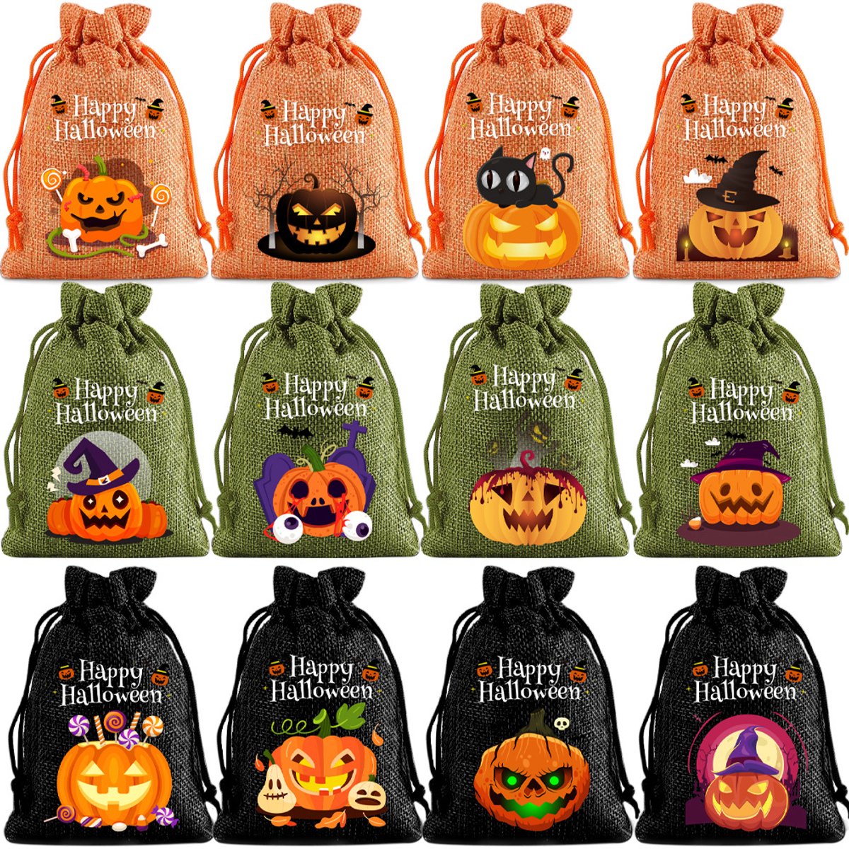 12 Cadeauzakjes met trekkoord – Voor Halloween-traktaties en decoratie – "Trick-or-Treat"-snoepzakjes – Cadeauzakjes – Zakjes met sluitkoord – Snoepzakjes met trekkoord - Assortiment