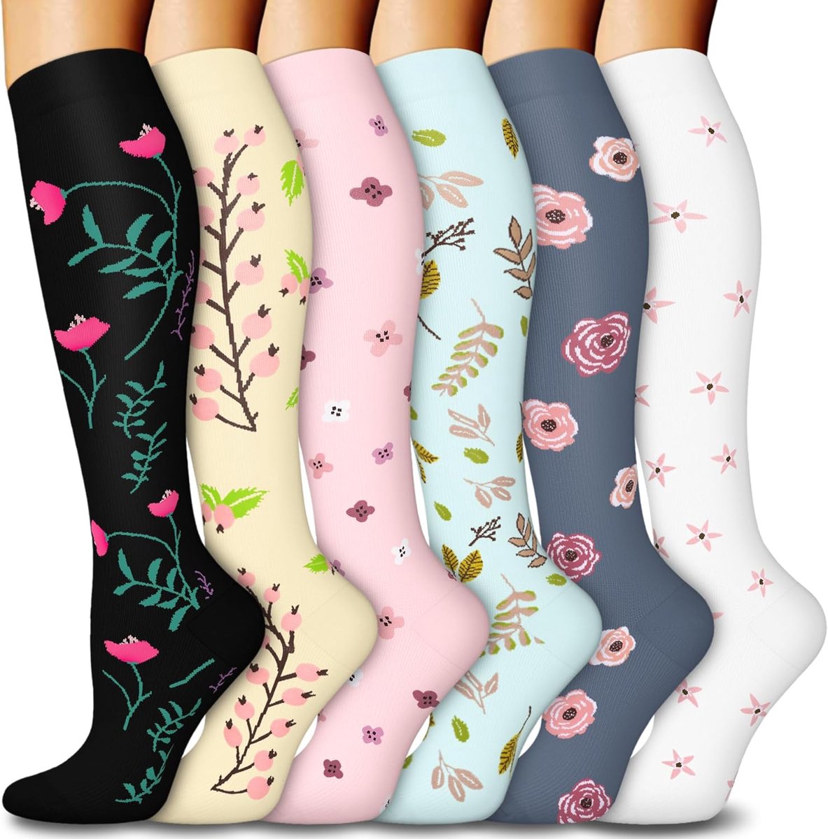 6 paar - Compressiekousen - Sportcompressiekousen - Kuitondersteunende Sokken - Bloemenpatroon - Hardloopsokken - Kuitsokken - Steunkousen - Geschikt voor Hardlopen, Sport en Reizen - Maat S/M