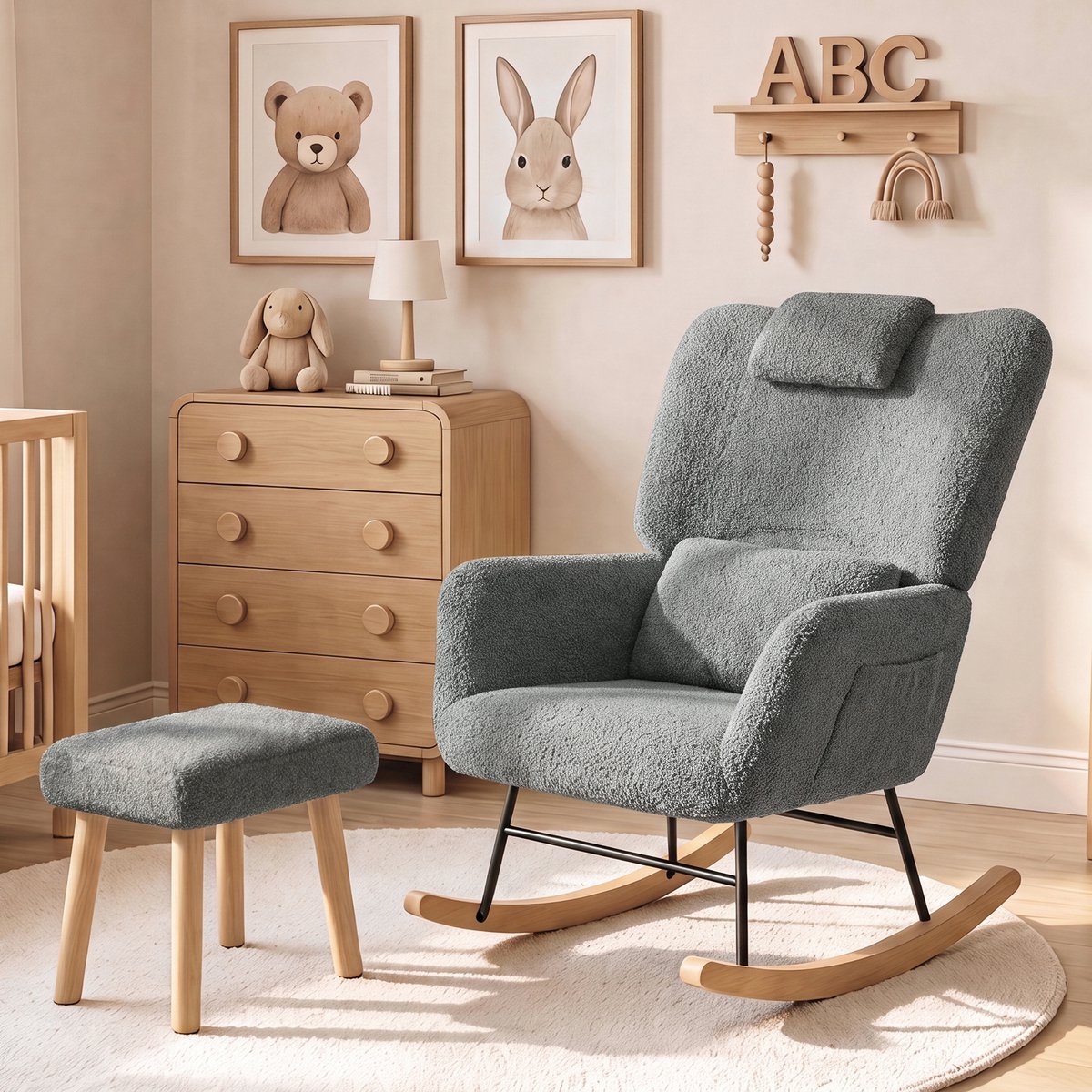 Teddy Schommelstoel met Voetenbank-Relaxstoel met Hoofdsteun en Lendenkussen-Comfortabele Leesstoel-120° Schommelfunctie-Grijs