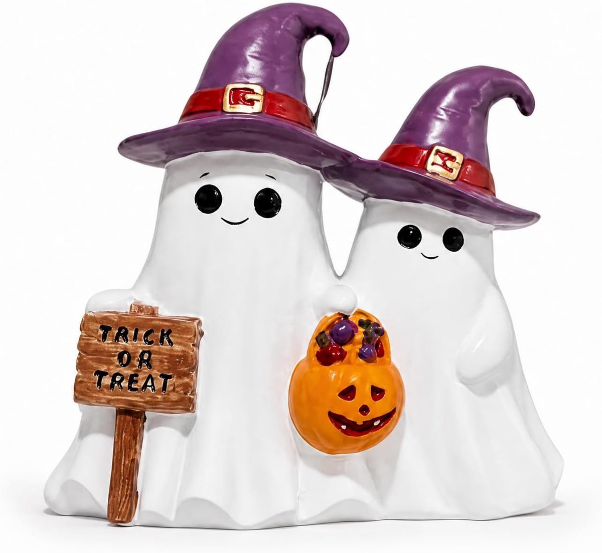 Daity Halloween-spookornament – ​​Schattig maar licht griezelig beeldje van twee spookjes – Voorzien van paarse hoedjes, een pompoenemmertje en een 'Trick or Treat'-bordje – Een decoratie voor op tafel, in de boekenkast of op de schoorsteenmantel.