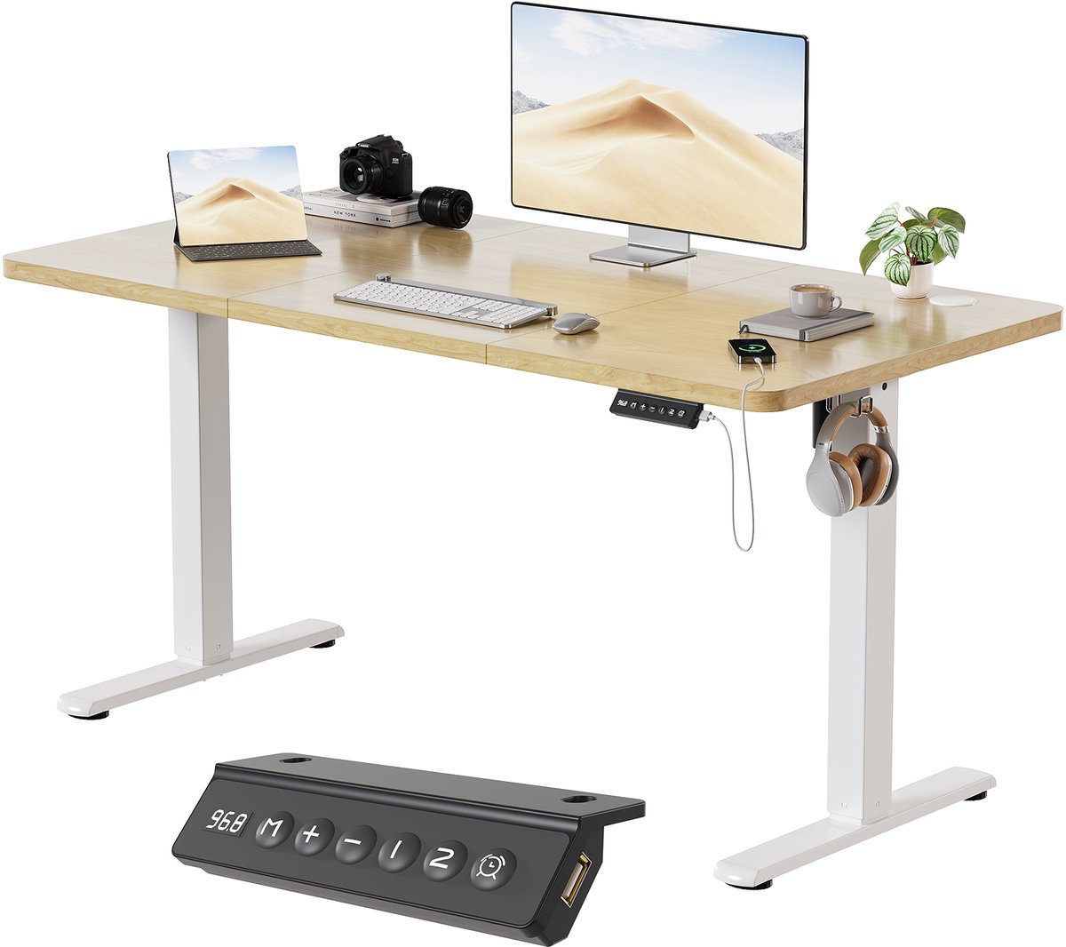 Devoko Elektrisch Zit-Sta Bureau 120x60 cm - E0 Tafelblad - Zit-herinnering - 2 Geheugenstanden - Digitaal Display - Wit frame met beige blad