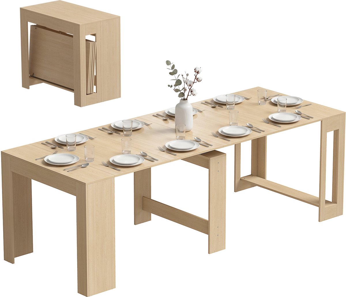 TEKROA® Uitschuifbare eettafel voor kleine ruimtes - Tafel - om te bouwen tot een consoletafel - biedt plaats aan 10 personen - 240L x 90B x 78H cm -lichtbruine