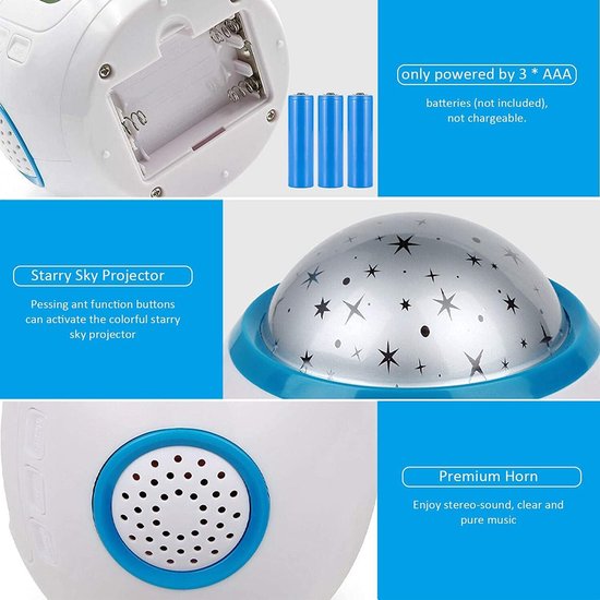 Kinderwekker met muzikale LED-sterrenprojector, nachtlampje, 7 muzieksoorten, datum- en tijdweergave, verjaardagscadeau — afbeelding 2