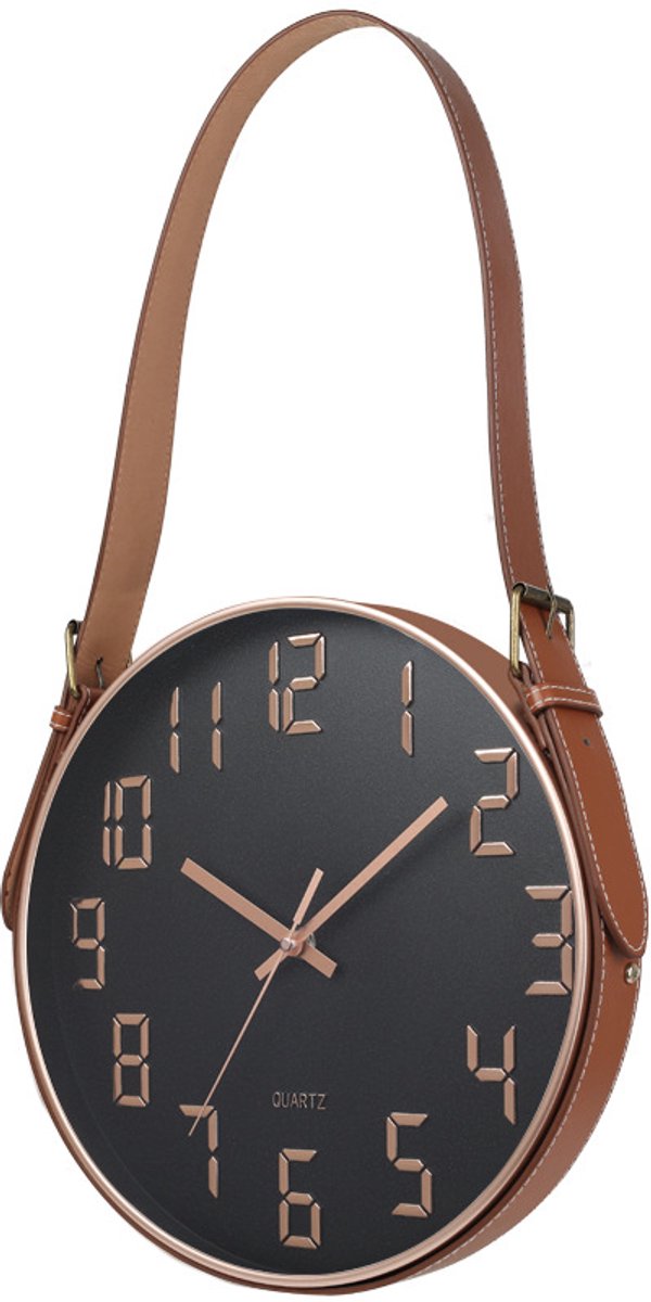 Wandklok 12 inch (30 cm) met leren hangriem - Stil quartz uurwerk, helder glas -6003-7 Zwart met roségoud