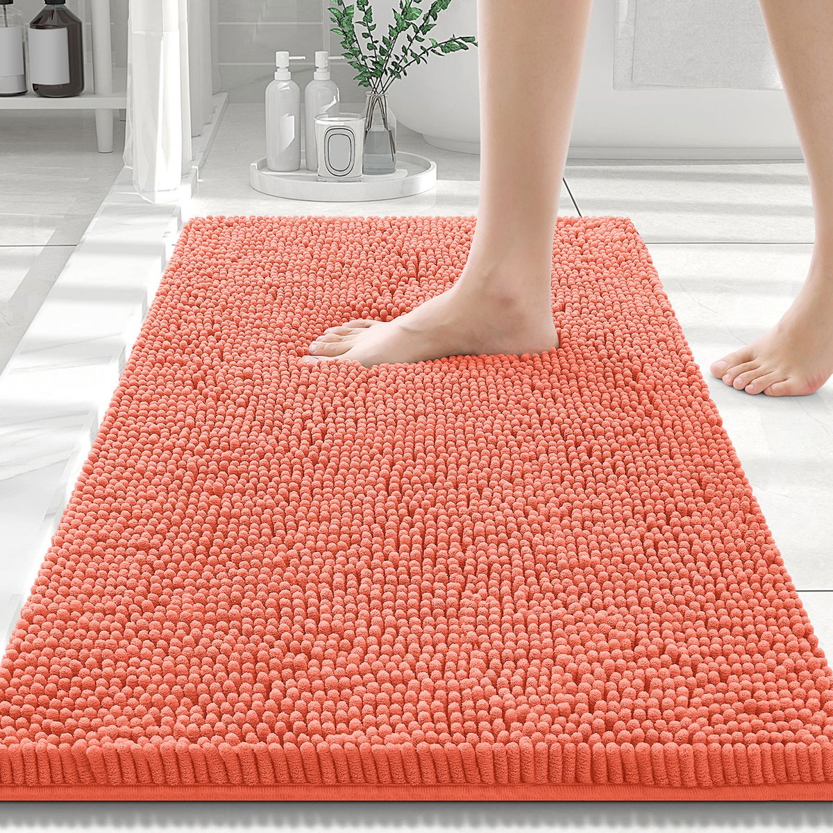 Olanly Badmat Antislip – Chenille Douchemat – Badmat Badkamer – Koraaloranje – 51X120cm