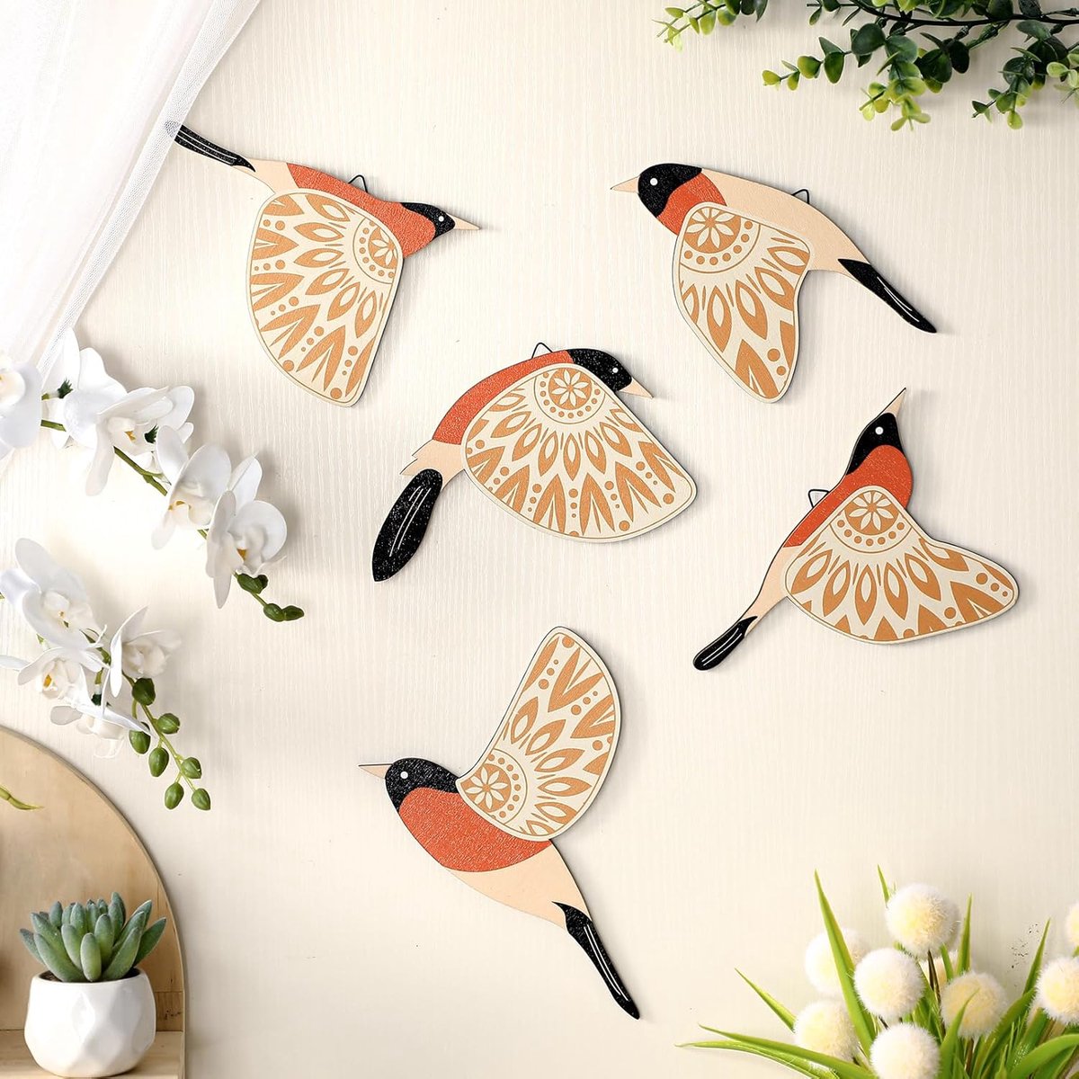 Claoner 5 Houten Vogels Wanddecoraties - Folkloristische Vogeldecoraties - Houten Vliegende Vogel Woondecoratie voor Vogelliefhebbers - Oranje