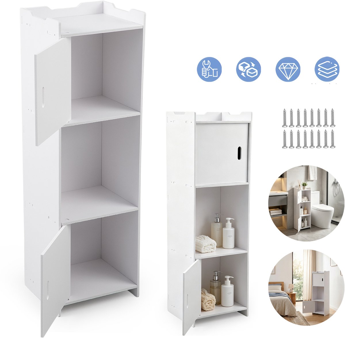 Opbergkast Met 3 Vakken Deuren En Een Display Bovenin - Ruimtebesparend 80 cm Modern Wit Montage Zonder Gereedschap - Voor Badkamer Keuken En Hal - Organizer Voor Studentenkamers En Andere Ruimtes Voor De Start Van Het Schooljaar