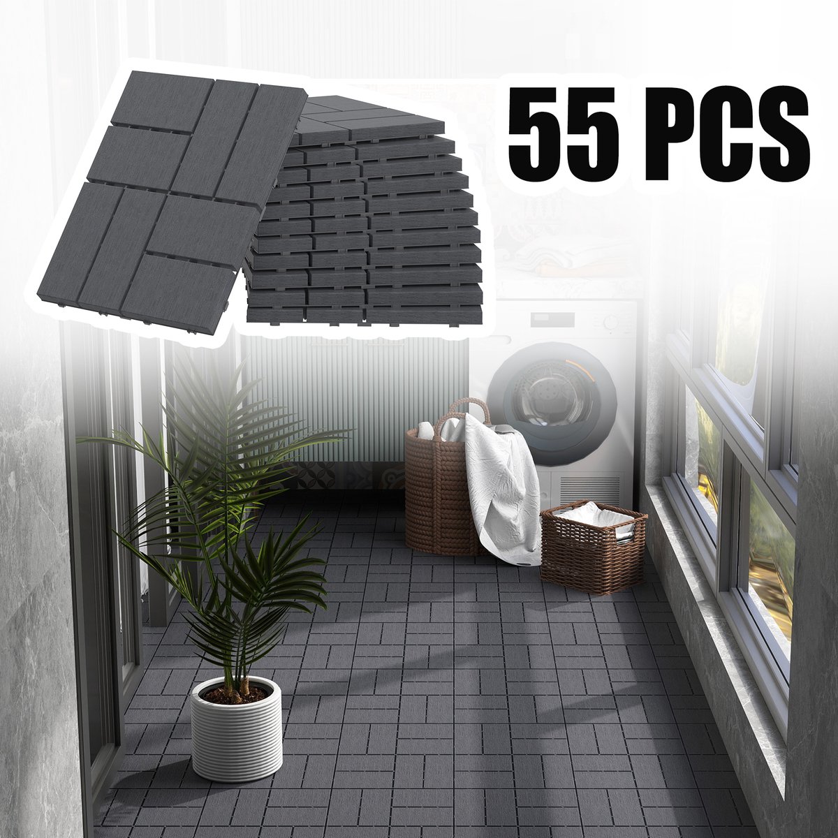 Froadp 55 stuks balkontegels met houtlook terrastegels 30x30 cm decoratieve kunststoftegels voor terras kliktegels vloerbedekking balkontegel waterbestendig onderhoudsvriendelijk - 5 m² antraciet geruit type