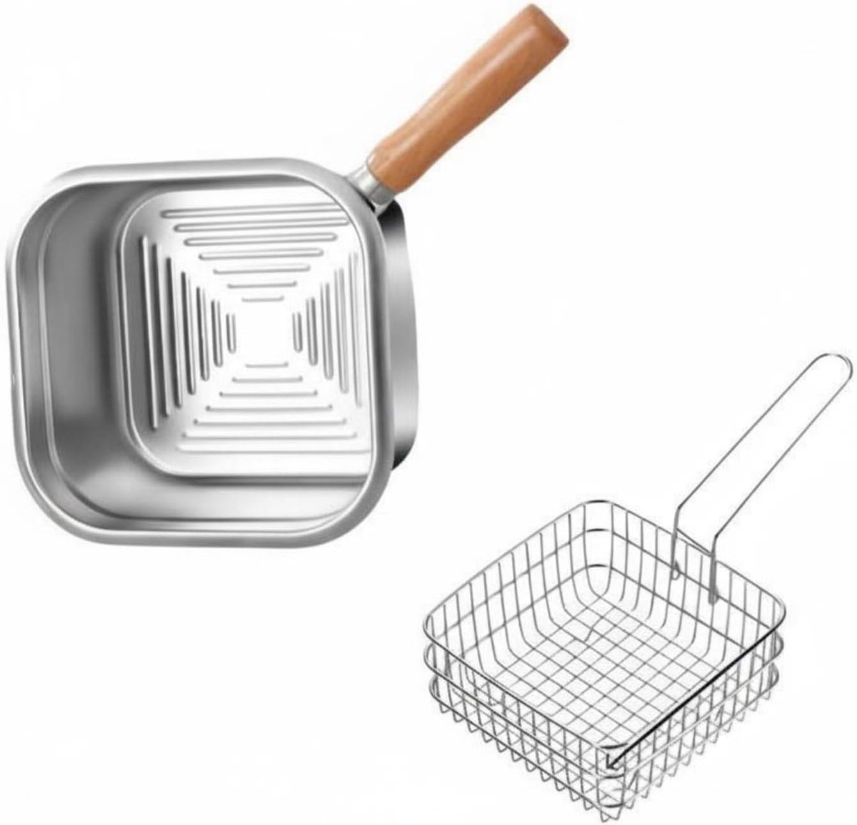 KZQ Kleine vierkante roestvrijstalen frituurpan met mandje, geschikt voor op het fornuis en buitengebruik, ideaal voor kamperen.