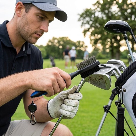 Blauwe golf schoonmaak borstel golf club reinigingsborstel unisex dubbelzijdige club reiniger met nylon en staal haren uitschuifbaar trekkoord karabijnhaak golf accessoire voor golf clubs en clubhoofden — afbeelding 2
