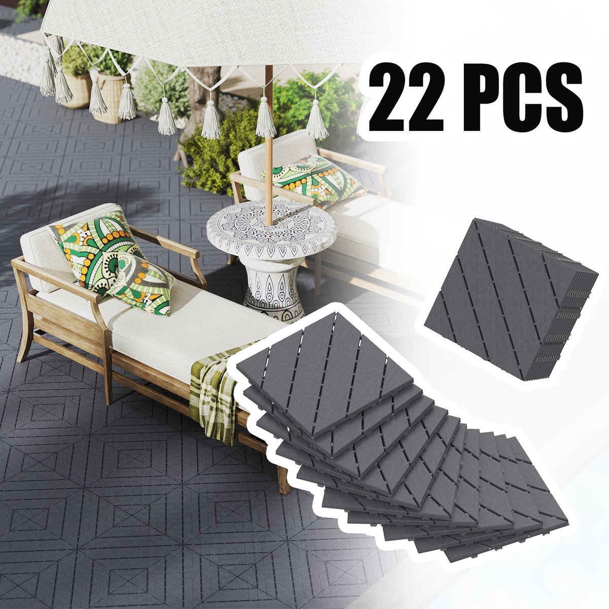 Froadp 22 stuks balkontegels in houtlook terrastegels 30x30cm decoratieve kunststoftegels voor terras kliktegels vloerbedekking balkontegel waterbestendig onderhoudsvriendelijk - 2m² antraciet schuin type