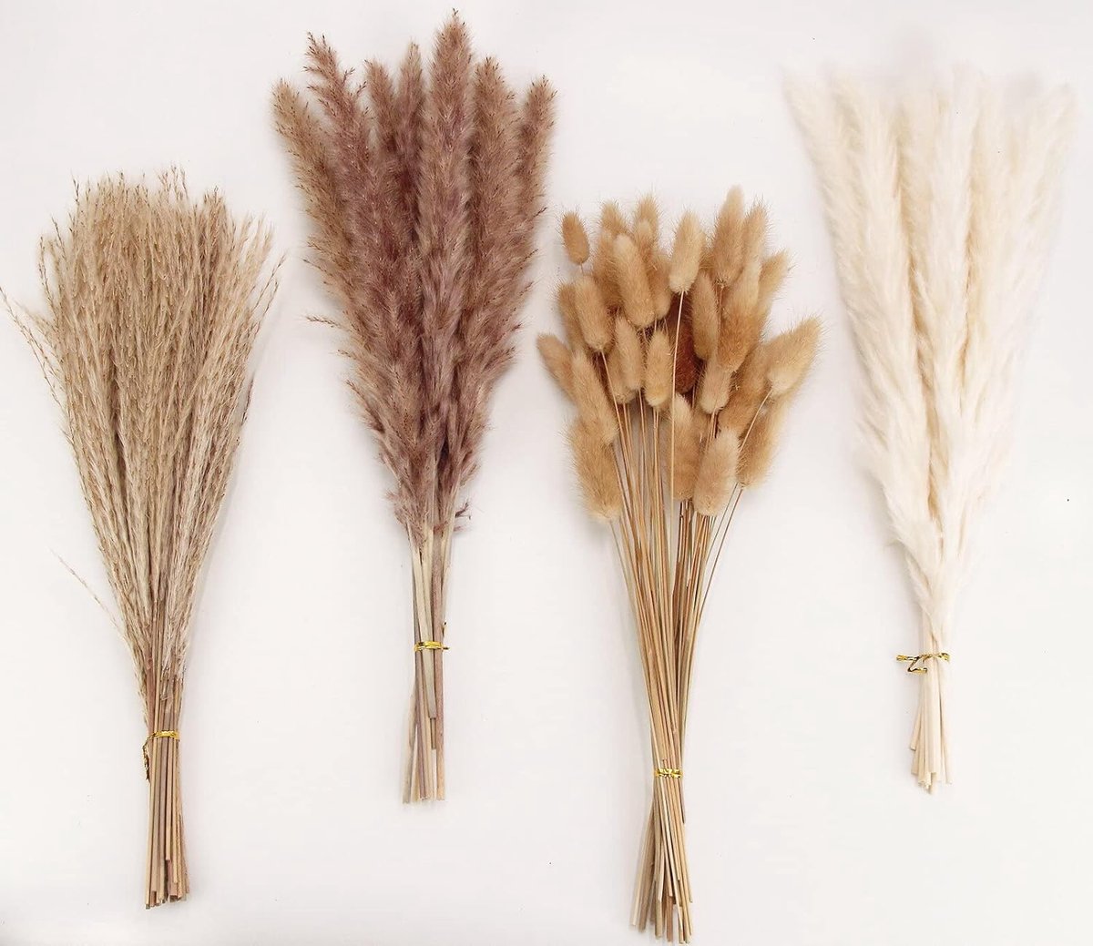 Gedroogde Pampasgrasdecoratie - 100 stuks, 50 Konijnenstaartgras, 20 Rietgras, 15 Wit en 15 Natuurlijke Pampas, voor Bruiloft, Boho Thuisdecor en Tafeldecoratie - 43 cm