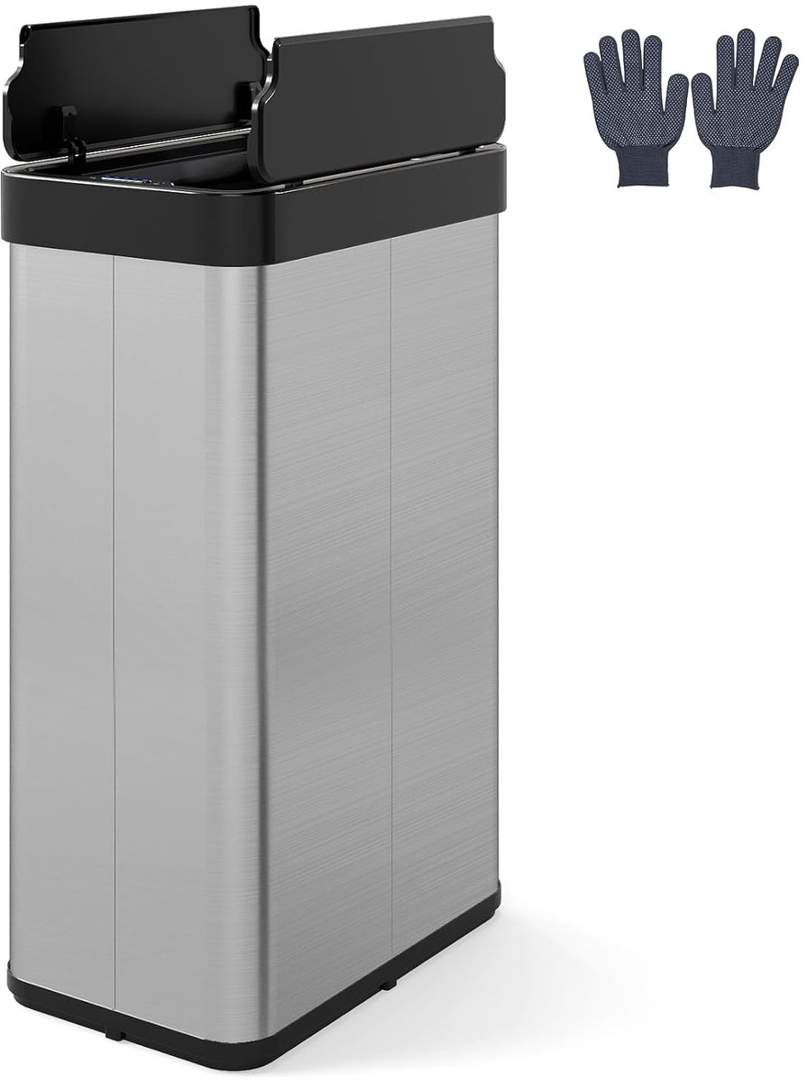 COSTWAY Afvalbak keuken, 60 L afvalbak van roestvrij staal met sensor, vleugeldeuren en handschoenen, slanke automatische keukenafvalbak voor keuken, badkamer, slaapkamer (zilver)