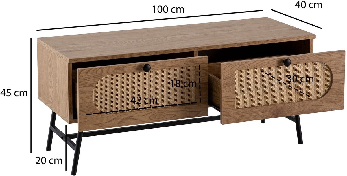 Ervesto Tv-Meubel Lowboard 100x45x40 Cm - Tv-Kast En Dressoir - Eiken Decor Bruin Met Rotan Lades - Modern Opbergmeubel Met 2 Laden En Antislipnoppen